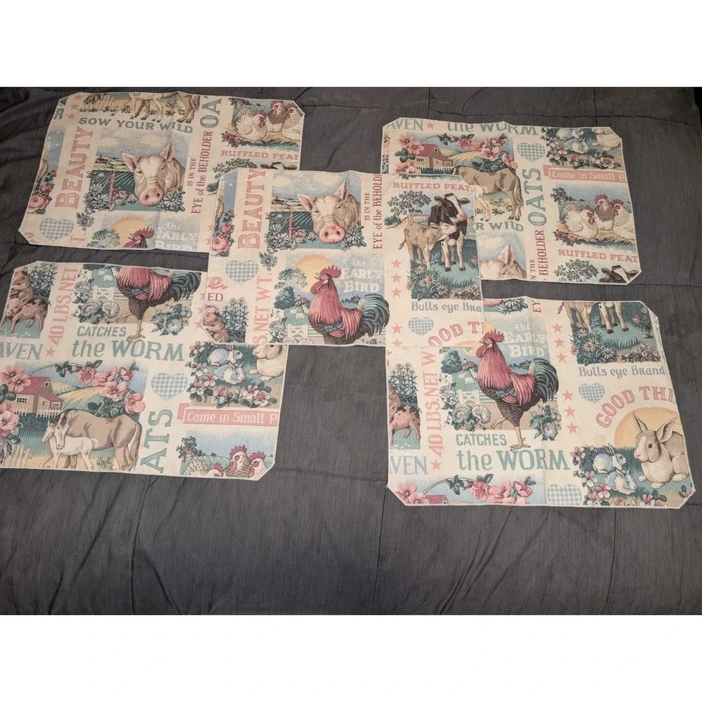 Country Farmhouse Placemats Cotton Depicting Animals w/Checkered Back Reversible